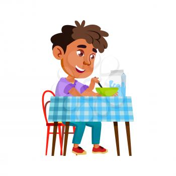 Boy Eating Healthy Morning Breakfast Food Vector. Happy Hispanic Preteen Child Eat Delicious Food With Milk In Kitchen. Latin Character Schoolboy Enjoying Dish Flat Cartoon Illustration