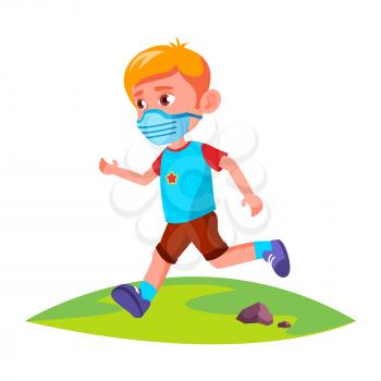 Boy Kid Wearing Facial Mask Running In Park Vector. Preteen Child Wear Protective Face Mask Run In Nature Outside. Character Sport Active Time In Pandemic Flat Cartoon Illustration