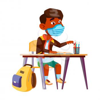 Boy Child With Facial Mask Study In School Vector. Indian Schoolboy Wearing Protective Face Mask Learning Lesson In Classroom. Character Coronavirus Quarantine Flat Cartoon Illustration