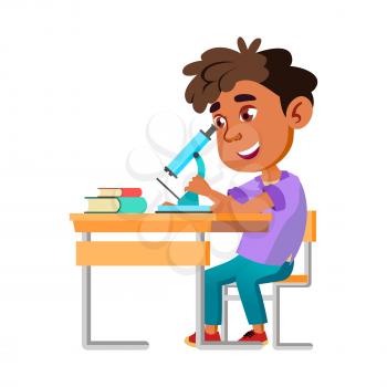 Boy Kid Scientist Research With Microscope Vector. Happy Hispanic Preteen Child Looking Through Microscope, Studying On Biology School Lesson. Character Study In Laboratory Flat Cartoon Illustration
