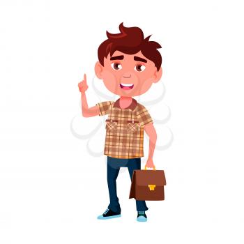 Boy Scientist Has Idea For Resolve Problem Vector. Smiling Happy Caucasian Schoolboy Scientist With Bag Thumb Up. Character Pupil Scientific Knowledge And Study Flat Cartoon Illustration