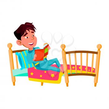 Boy Child Laying In Bed And Reading Book Vector. Chinese Preteen Kid Read Interesting Story Book In Bedroom. Japanese Character Schoolboy Leisure Time With Literature Flat Cartoon Illustration