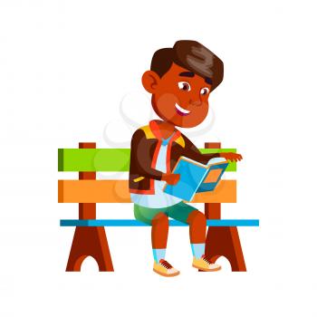 Boy Sitting On Park Bench And Reading Book Vector. Happiness Indian Schoolboy Read Interesting Book Outdoor In Nature. Character Leisure Time With Literature Flat Cartoon Illustration
