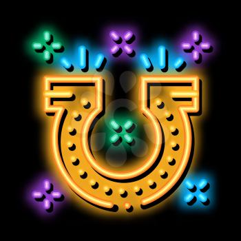 Horseshoe for Good Luck neon light sign vector. Glowing bright icon Horseshoe for Good Luck sign. transparent symbol illustration