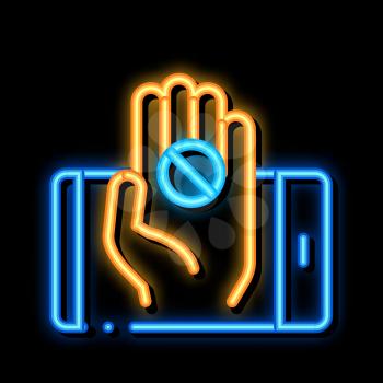 Phone Hand Pill neon light sign vector. Glowing bright icon Phone Hand Pill sign. transparent symbol illustration