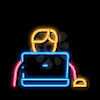 Man Play Laptop neon light sign vector. Glowing bright icon Man Play Laptop sign. transparent symbol illustration
