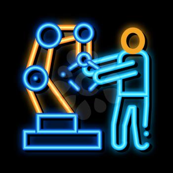 Man And Robot Arm neon light sign vector. Glowing bright icon Man And Robot Arm sign. transparent symbol illustration