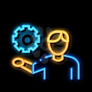 Man Hold Gear neon light sign vector. Glowing bright icon Man Hold Gear sign. transparent symbol illustration