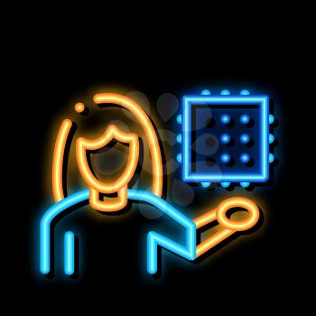 Woman Hold Chip neon light sign vector. Glowing bright icon Woman Hold Chip sign. transparent symbol illustration