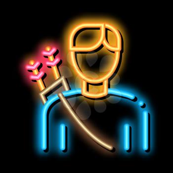 Archer Sport Man Silhouette neon light sign vector. Glowing bright icon Boy Archer Gamer With Arrows Behind Back Concept Linear Pictogram. Athletic Guy sign. transparent symbol illustration