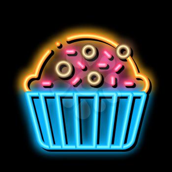 Muffin Delicious Baked Food neon light sign vector. Glowing bright icon Yummy Muffin Cake Covered Sweet Candies On Top sign. transparent symbol illustration