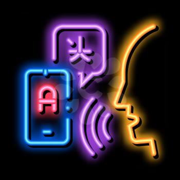 Voice Interpreter Translator neon light sign vector. Glowing bright icon Human Speaking And Smartphone Interpreter Translate sign. transparent symbol illustration