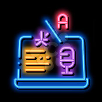 Laptop Translation Program neon light sign vector. Glowing bright icon Microphone On Laptop Display, Internet Interpreter Technology sign. transparent symbol illustration