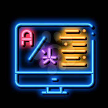 Computer Translation Program neon light sign vector. Glowing bright icon Online Learning Or Dictionary On Computer Screen sign. transparent symbol illustration