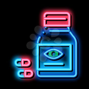 Bottle With Pills For Eyes neon light sign vector. Glowing bright icon Biologically Active Supplement Medication Pills Package sign. transparent symbol illustration
