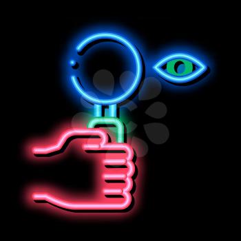 Human Eye Optical Research neon light sign vector. Glowing bright icon Hand Holding Magnifier Tool For Diagnostic Patient Eye sign. transparent symbol illustration