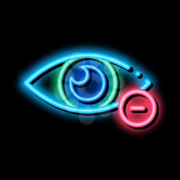 Diopter Myopia Eye Vision neon light sign vector. Glowing bright icon Eye With Minus Mark Concept Linear Pictogram. Eyesight Problem Clinic Aid sign. transparent symbol illustration