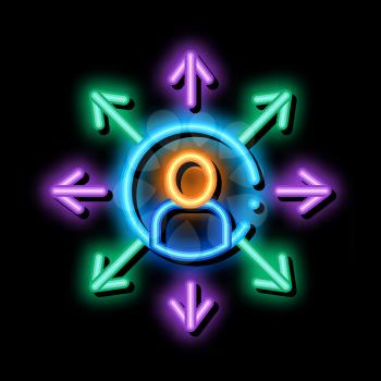 Different Areas Of Activity neon light sign vector. Glowing bright icon Human In Center Of Circle With Arrows, Multitasking sign. transparent symbol illustration