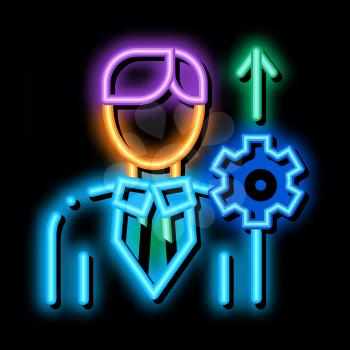 Human Productivity Growth neon light sign vector. Glowing bright icon Businessman Silhouette With Growth Arrow And Mechanical Gear sign. transparent symbol illustration