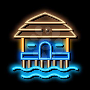 Bungalow House On Water neon light sign vector. Glowing bright icon Bungalow Beach Building, Seaside Wooden Construction sign. transparent symbol illustration