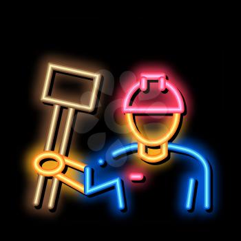 Man Hold Hammer neon light sign vector. Glowing bright icon Man Hold Hammer sign. transparent symbol illustration