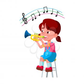 Girl Kid Playing On Trumpet In Orchestra Vector. Little Lady Sitting On Chair And Play On Trumpet Musician Instrument. Character Child Classic Music Player Flat Cartoon Illustration