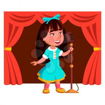 Girl Kid Singing Song On Theater Stage Vector. Asian Small Lady Singing In Microphone On Theatrical Scene Concert. Talented Character Child Performing Vocal In Karaoke Flat Cartoon Illustration