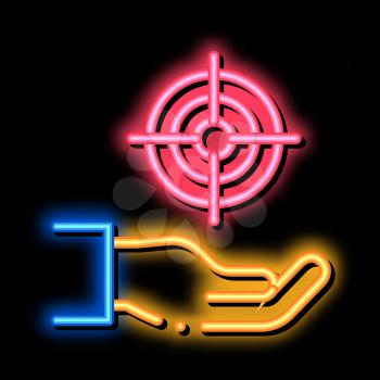 Hand Hold Target neon light sign vector. Glowing bright icon Hand Hold Target sign. transparent symbol illustration