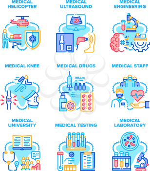 Medical Engineering Set Icons Vector Illustrations. Medical Helicopter For Transportation Patient And Staff, Laboratory Research And Testing, Ultrasound Knee And University Study Color Illustrations