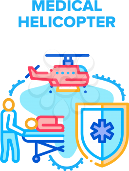 Medical Emergency Helicopter Vector Icon Concept. Helicopter For Transportation Illness Patient, Nurse Carrying On Stretcher For Help And Disease Treatment. Fly Transport Color Illustration