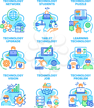 Technology Upgrade Set Icons Vector Illustrations. Student Learning Technology And Network Problem Solve, Vision And Job, Tablet Device And Puzzle Game. Development And Testing Color Illustrations