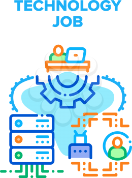 Technology Job Vector Icon Concept. Programmer It Worker Developing Software Code On Computer At Working Desk, Programming Robot And Support Server Technology Job Color Illustration