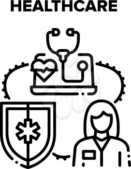 Healthcare Clinic Diagnostic Vector Icon Concept. Doctor Healthcare Examination And Treatment In Hospital And Remote Consultation. Health Protection And Life Safe Black Illustration