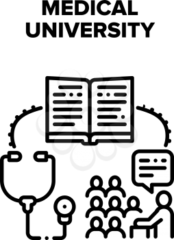 Medical University Education Vector Icon Concept. Students Studying Medical University, Reading Medicine Educate Book With Pharmacy Information And Treatment Disease Black Illustration