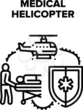 Medical Emergency Helicopter Vector Icon Concept. Helicopter For Transportation Illness Patient, Nurse Carrying On Stretcher For Help And Disease Treatment. Fly Transport Black Illustration