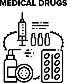 Medical Drugs Health Healing Vector Icon Concept. Medical Drugs Package, Ampoule With Medicaments For Syringe Injection And Sanitizer Bottle Health Protection And Disease Treatment Black Illustration