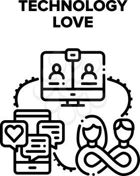 Technology Love Relation Vector Icon Concept. Chatting Lovely Messages On Smartphone Screen And Video Call On Computer Technology Love Keeping On Distance. Social Media Black Illustration