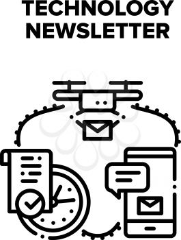 Technology Newsletter Sending Vector Icon Concept. Technology Newsletter Delivering With Drone Device, Fast Send And Delivery Message On Smartphone. Modern Electronics And Gadget Black Illustration