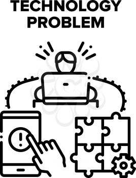 Technology Problem Solve Vector Icon Concept. Man Solving Laptop And Broken Smartphone Technology Problem. Computer Diagnostic And Examining Operating System Error Warning Black Illustration