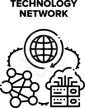 Global Technology Network Vector Icon Concept. Server Technology Network, Electronic Equipment For Communication On Internet, Social Media Connection And Networking System Black Illustration