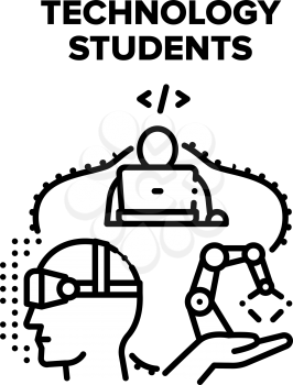Technology Students For Study Vector Icon Concept. Technology Students For Learning Language And Programming Robotic Arm, People Watch Educational Lesson In Vr Glasses Black Illustration