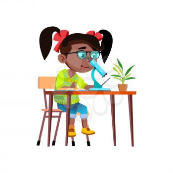 Girl Scientist Researching With Microscope Vector. African Schoolgirl Scientist Research And Studying With Laboratory Equipment. Character Child Study Science Flat Cartoon Illustration