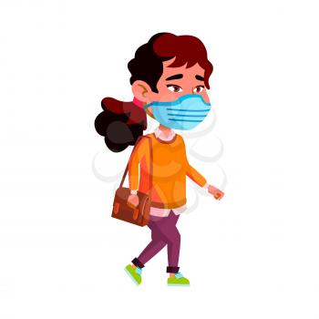 Girl Child Wearing Facial Mask Walking Vector. Asian Schoolgirl Kid Wear Protective Facial Mask Walk With Bag In Park Or Street. Character Infant Medical Accessory Flat Cartoon Illustration