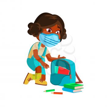 Girl Kid Collect Books In School Backpack Vector. African Schoolgirl Wearing Protective Facial Mask Collecting Books And Pencils In Rucksack. Character Infant Pupil Flat Cartoon Illustration