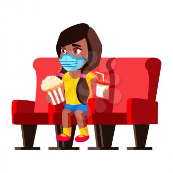 Girl Child In Facial Mask Resting In Cinema Vector. Preschool Girl Wearing Protective Facial Mask Watching Movie, Eating Popcorn And Drinking Soda Water. Character Enjoyment Flat Cartoon Illustration