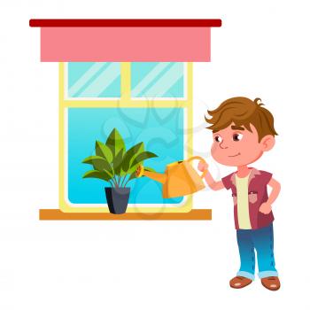 Boy Child Watering House Plant With Can Vector. Kid Watering Domestic Flower On Windowsill, Housekeeping Occupation. Character Preteen Guy Care Nature Growth Herb Flat Cartoon Illustration