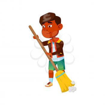 Boy Child Cleaning House Floor With Broom Vector. Indian Cute Kid Sweeping Dust With Broom Tool, Household Chores Occupation. Character Infant Doing Housework Flat Cartoon Illustration