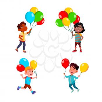 Boys Children Walking With Air Balloons Set Vector. Multiracial Kids Walk, Run And Play With Multicolored Air Balloons In Park Or On Birthday Party. Characters Leisure Time Flat Cartoon Illustrations