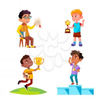 Boys Kids Celebrate Victory With Award Set Vector. Children Winners Standing On Pedestal With Medal And Holding Cup Won In Soccer Competition, Diploma And Award. Characters Flat Cartoon Illustrations