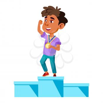 Boy Celebrate Victory In Sport Championship Vector. Hispanic With Golden Medal Standing On Tribune And Celebrating Victory In Competition. Character Olympiad Player Flat Cartoon Illustration